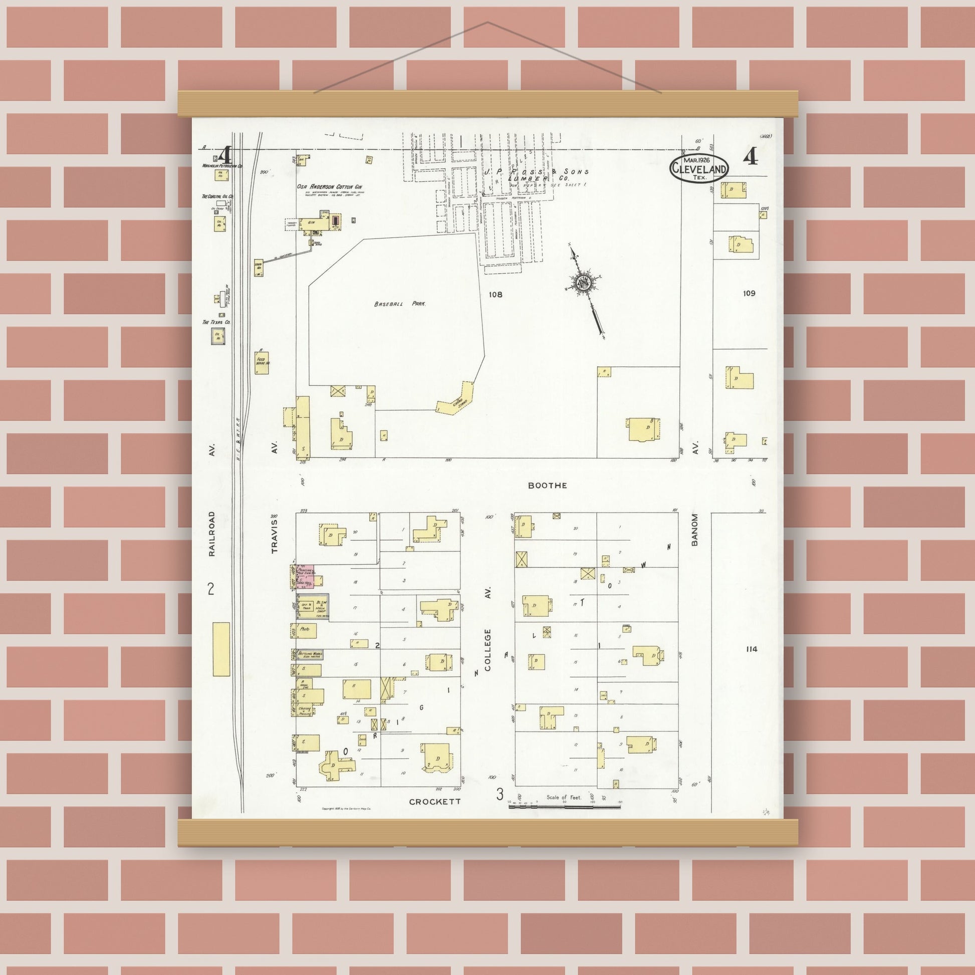 Old map wall art mockup — magnetic wood frame on brick wall — Sanborn Fire Insurance Map from Cleveland, Liberty County, Texas (1926), Sheet #0004