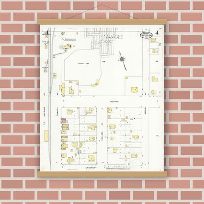 Old map wall art mockup — magnetic wood frame on brick wall — Sanborn Fire Insurance Map from Cleveland, Liberty County, Texas (1926), Sheet #0004