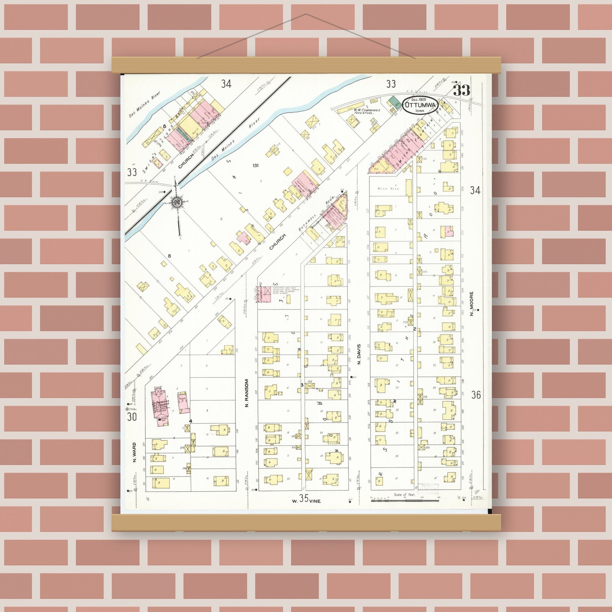 Old map wall art mockup — magnetic wood frame on brick wall — Sanborn Fire Insurance Map from Ottumwa, Wapello County, Iowa (1909), Sheet #0033