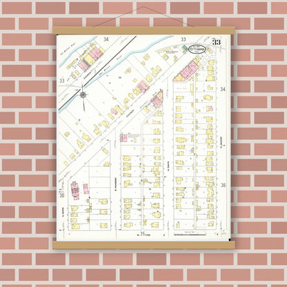 Old map wall art mockup — magnetic wood frame on brick wall — Sanborn Fire Insurance Map from Ottumwa, Wapello County, Iowa (1909), Sheet #0033