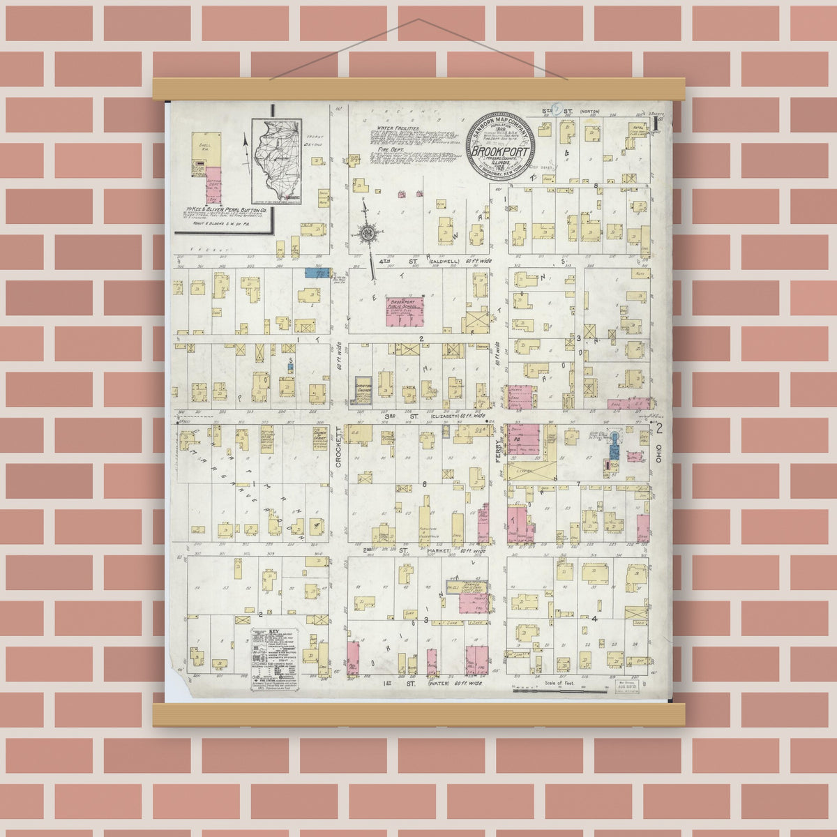 Old map wall art mockup — magnetic wood frame on brick wall — Sanborn Fire Insurance Map from Brookport, Massac County, Illinois (1921), Sheet #0001