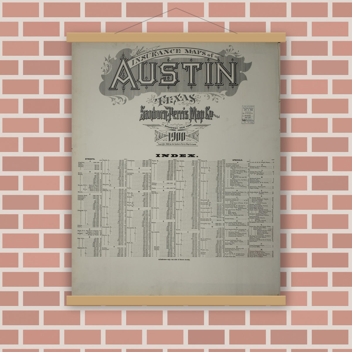 Old map wall art mockup — magnetic wood frame on brick wall — Sanborn Fire Insurance Map from Austin, Travis County, Texas (1900), Sheet #0001