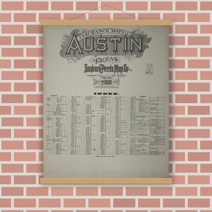 Old map wall art mockup — magnetic wood frame on brick wall — Sanborn Fire Insurance Map from Austin, Travis County, Texas (1900), Sheet #0001