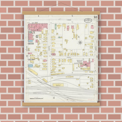 Old map wall art mockup — magnetic wood frame on brick wall — Sanborn Fire Insurance Map from Batavia, Genesee County, New York (1896), Sheet #0010