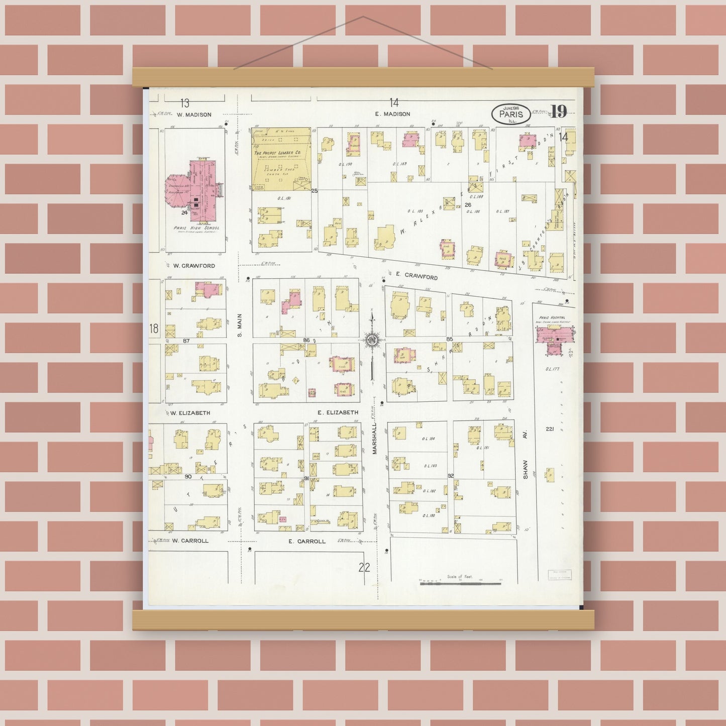 Old map wall art mockup — magnetic wood frame on brick wall — Sanborn Fire Insurance Map from Paris, Edgar County, Illinois (1916), Sheet #0019