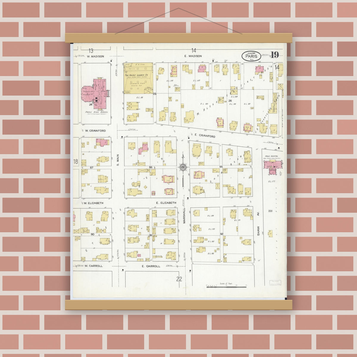 Old map wall art mockup — magnetic wood frame on brick wall — Sanborn Fire Insurance Map from Paris, Edgar County, Illinois (1916), Sheet #0019