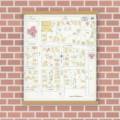 Old map wall art mockup — magnetic wood frame on brick wall — Sanborn Fire Insurance Map from Paris, Edgar County, Illinois (1916), Sheet #0019
