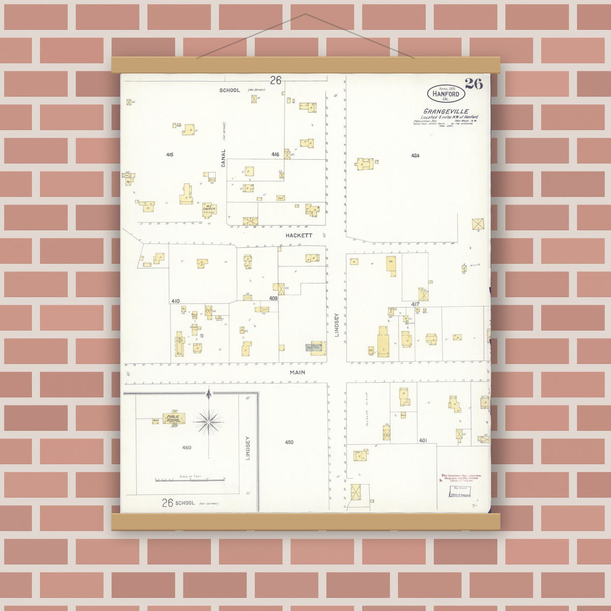Old map wall art mockup — magnetic wood frame on brick wall — Sanborn Fire Insurance Map from Hanford, Kings County, California (1905), Sheet #0026