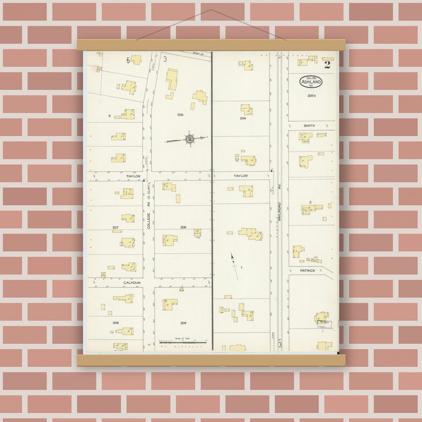 Old map wall art mockup — magnetic wood frame on brick wall — Sanborn Fire Insurance Map from Ashland, Hanover County, Virginia (1913), Sheet #0002