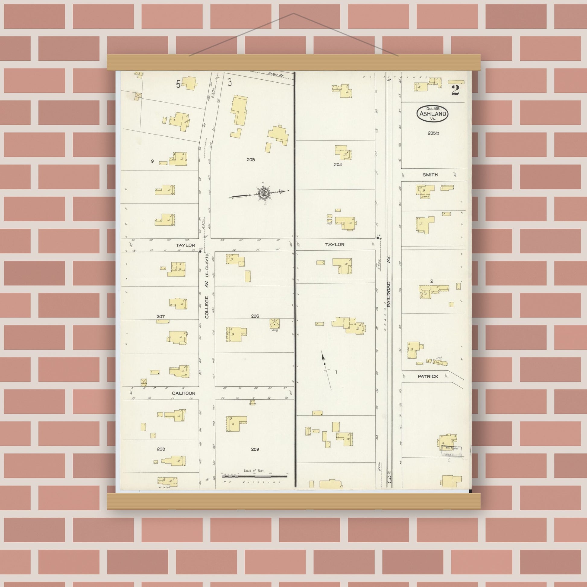 Old map wall art mockup — magnetic wood frame on brick wall — Sanborn Fire Insurance Map from Ashland, Hanover County, Virginia (1913), Sheet #0002