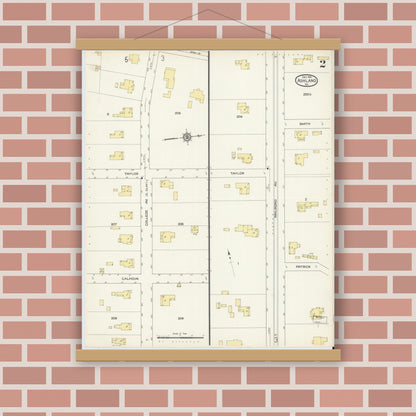 Old map wall art mockup — magnetic wood frame on brick wall — Sanborn Fire Insurance Map from Ashland, Hanover County, Virginia (1913), Sheet #0002