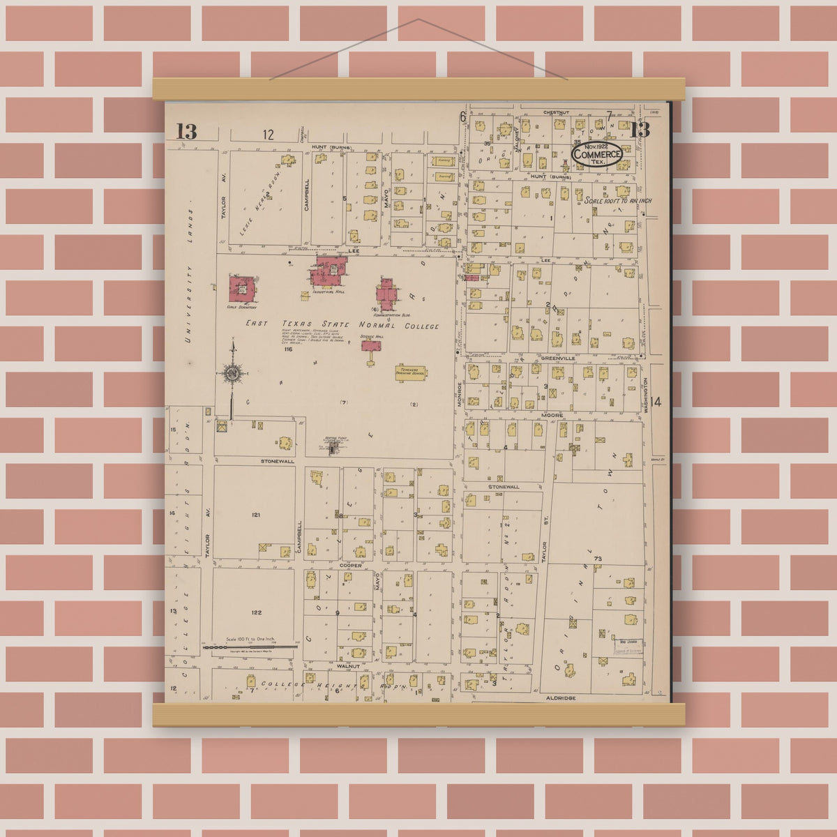 Old map wall art mockup — magnetic wood frame on brick wall — Sanborn Fire Insurance Map from Commerce, Hunt County, Texas (1922), Sheet #0013