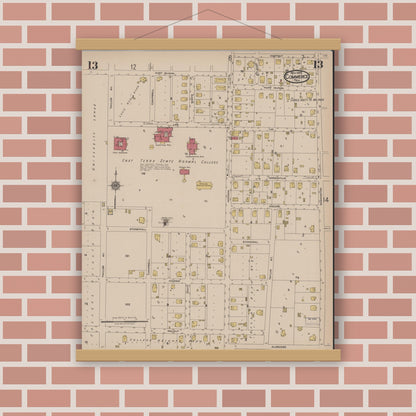 Old map wall art mockup — magnetic wood frame on brick wall — Sanborn Fire Insurance Map from Commerce, Hunt County, Texas (1922), Sheet #0013