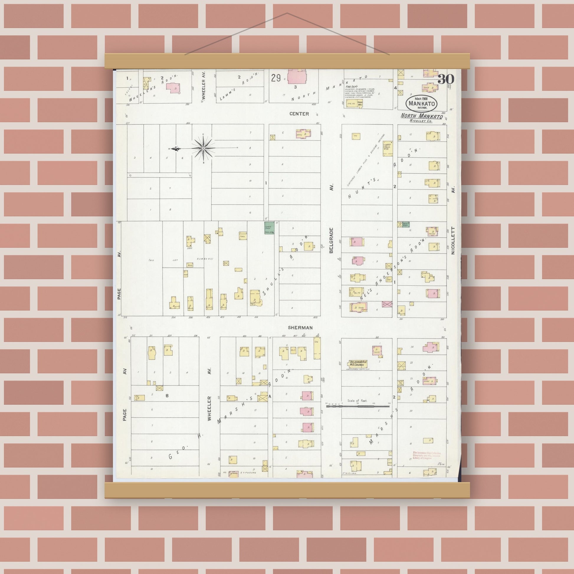 Old map wall art mockup — magnetic wood frame on brick wall — Sanborn Fire Insurance Map from Mankato, Blue Earth County, Minnesota (1908), Sheet #0030