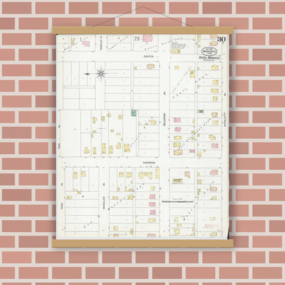 Old map wall art mockup — magnetic wood frame on brick wall — Sanborn Fire Insurance Map from Mankato, Blue Earth County, Minnesota (1908), Sheet #0030