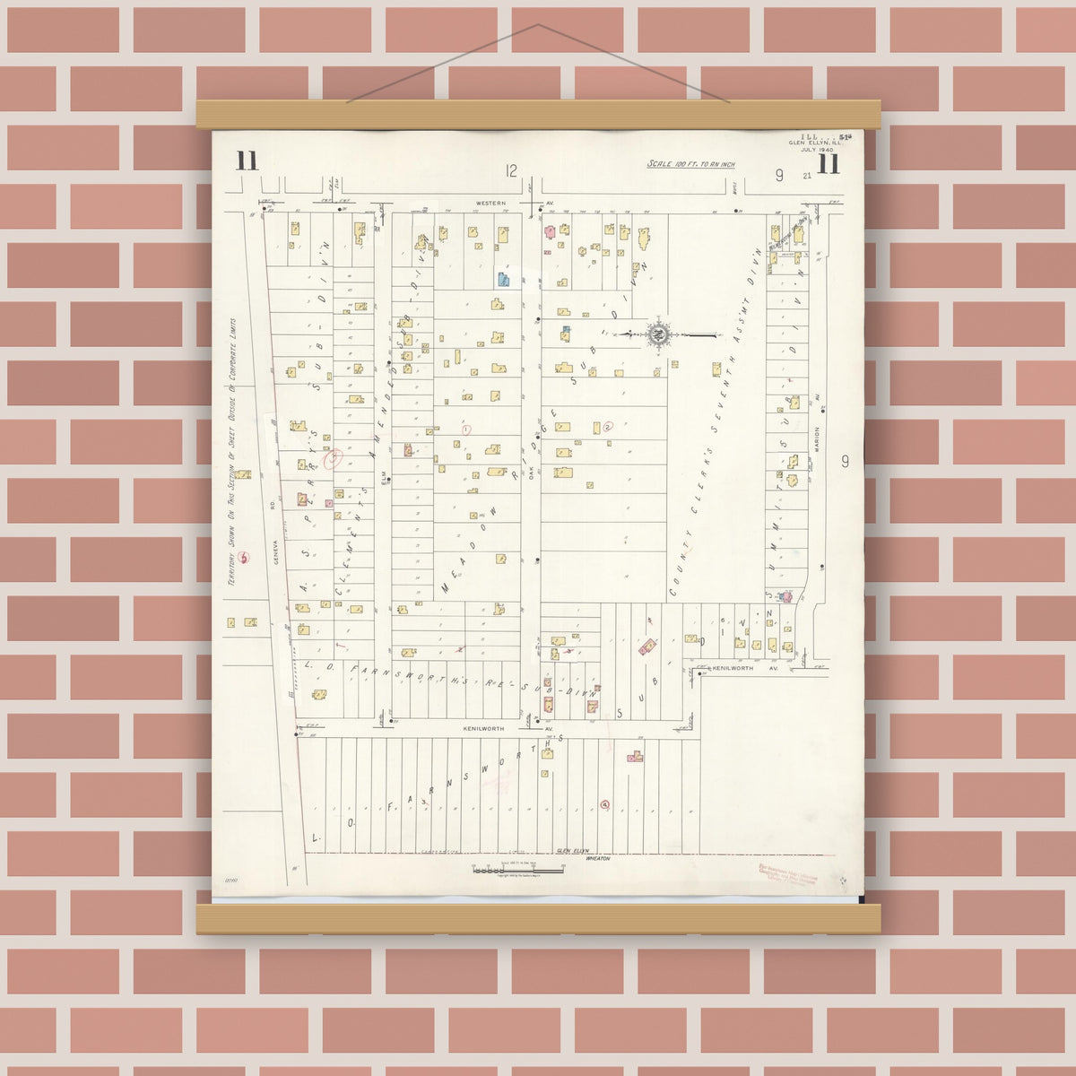 Old map wall art mockup — magnetic wood frame on brick wall — Sanborn Fire Insurance Map from Glen Ellyn, Du Page County, Illinois (1946), Sheet #0011