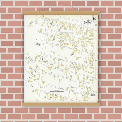 Old map wall art mockup — magnetic wood frame on brick wall — Sanborn Fire Insurance Map from Nantucket, Nantucket County, Massachusetts (1904), Sheet #0014