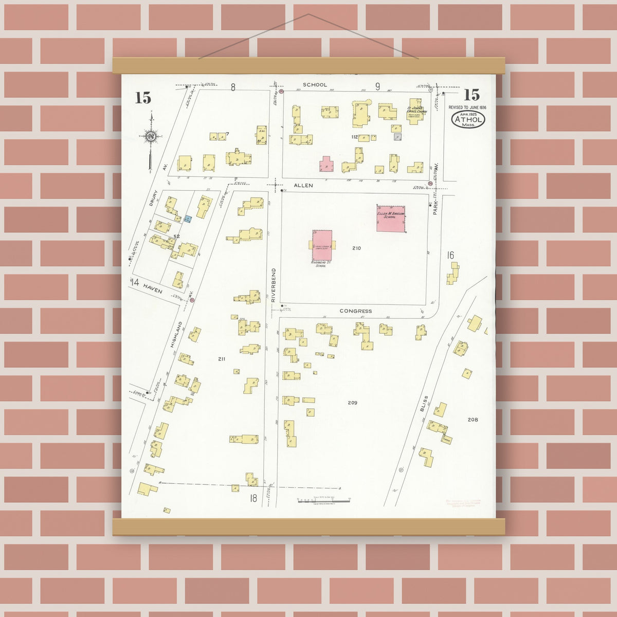 Old map wall art mockup — magnetic wood frame on brick wall — Sanborn Fire Insurance Map from Athol, Worcester County, Massachusetts (1936), Sheet #0015