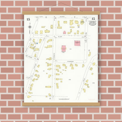 Old map wall art mockup — magnetic wood frame on brick wall — Sanborn Fire Insurance Map from Athol, Worcester County, Massachusetts (1936), Sheet #0015