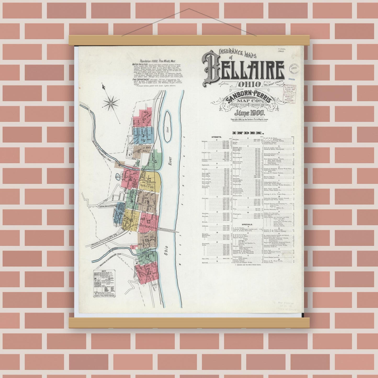 Old map wall art mockup — magnetic wood frame on brick wall — Sanborn Fire Insurance Map from Bellaire, Belmont County, Ohio (1900), Sheet #0001