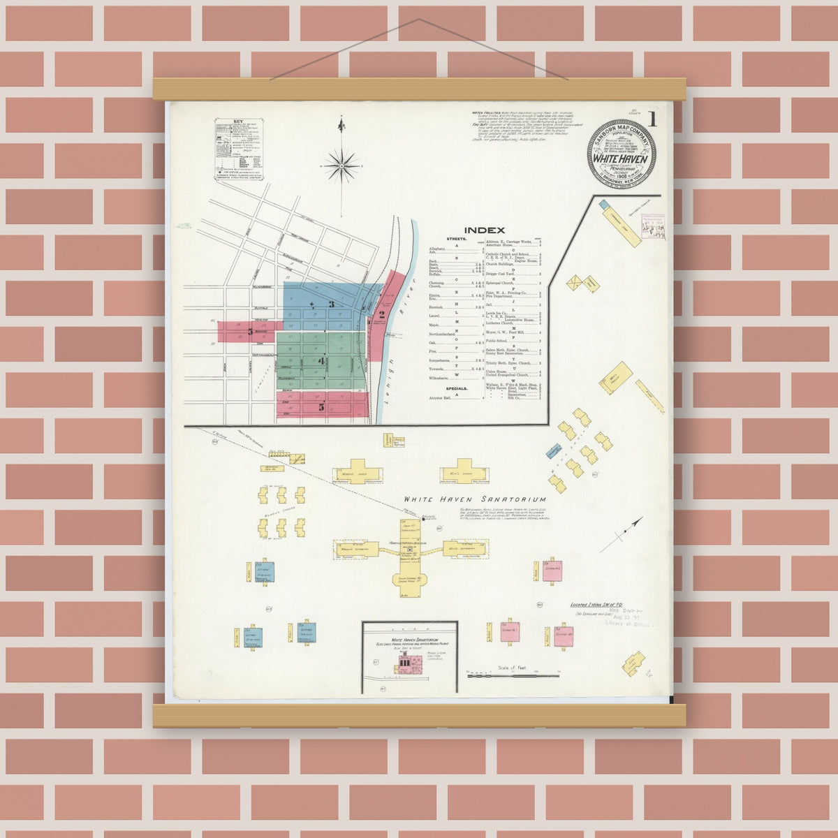 Old map wall art mockup — magnetic wood frame on brick wall — Sanborn Fire Insurance Map from White Haven, Luzerne County, Pennsylvania (1908) - Complete Map Set