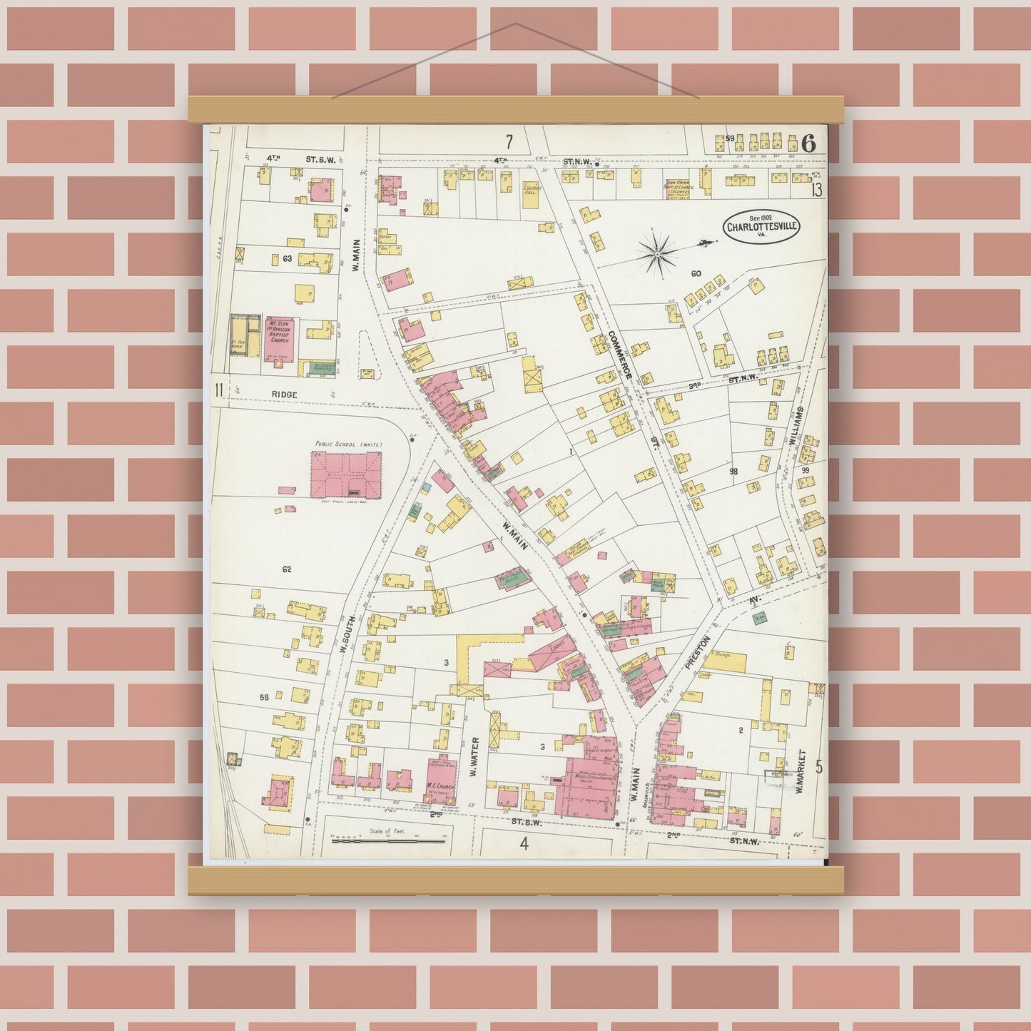 Old map wall art mockup — magnetic wood frame on brick wall — Sanborn Fire Insurance Map from Charlottesville, Independent Cities, Virginia (1902), Sheet #0006