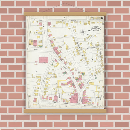 Old map wall art mockup — magnetic wood frame on brick wall — Sanborn Fire Insurance Map from Charlottesville, Independent Cities, Virginia (1902), Sheet #0006