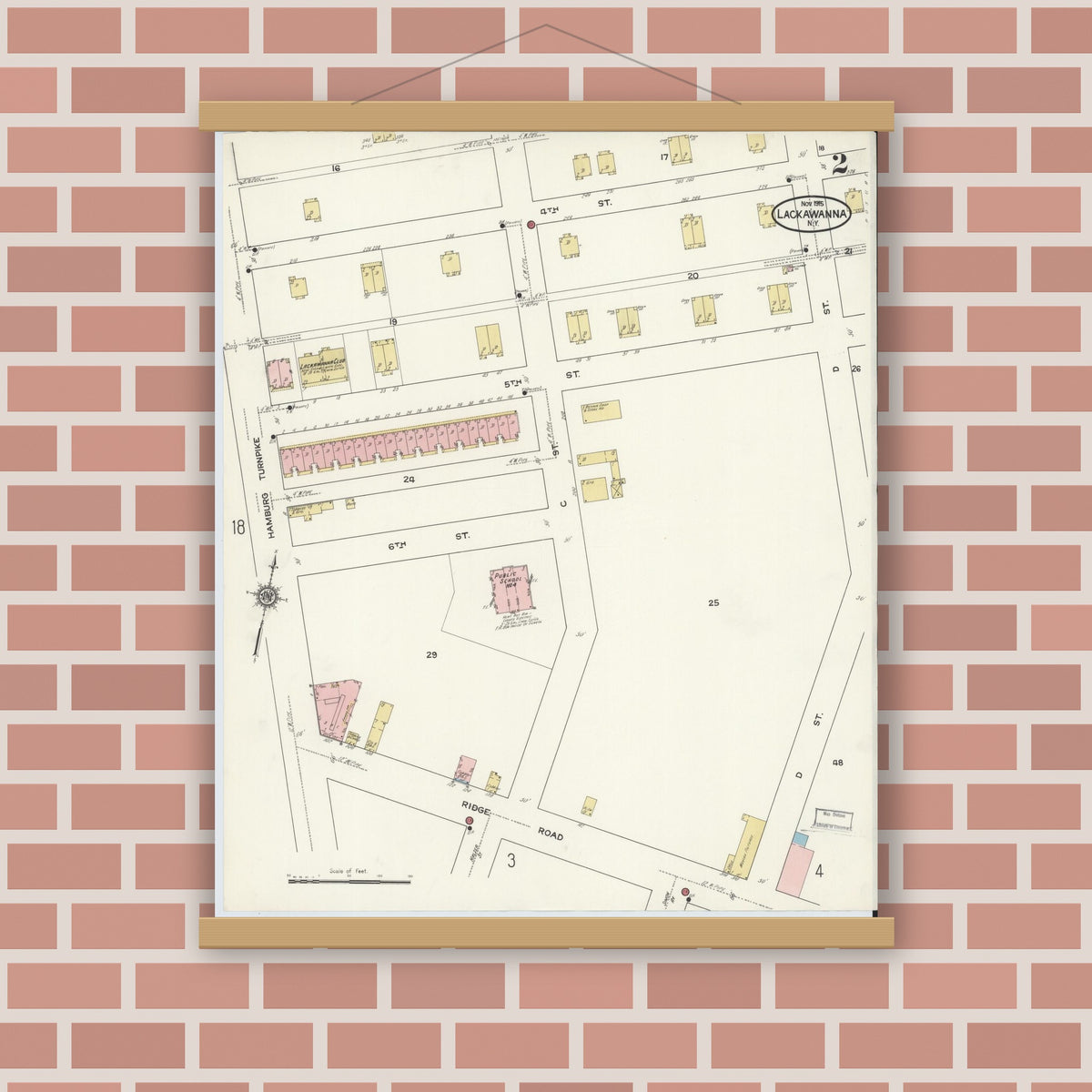 Old map wall art mockup — magnetic wood frame on brick wall — Sanborn Fire Insurance Map from Lackawanna, Erie County, New York (1915), Sheet #0002