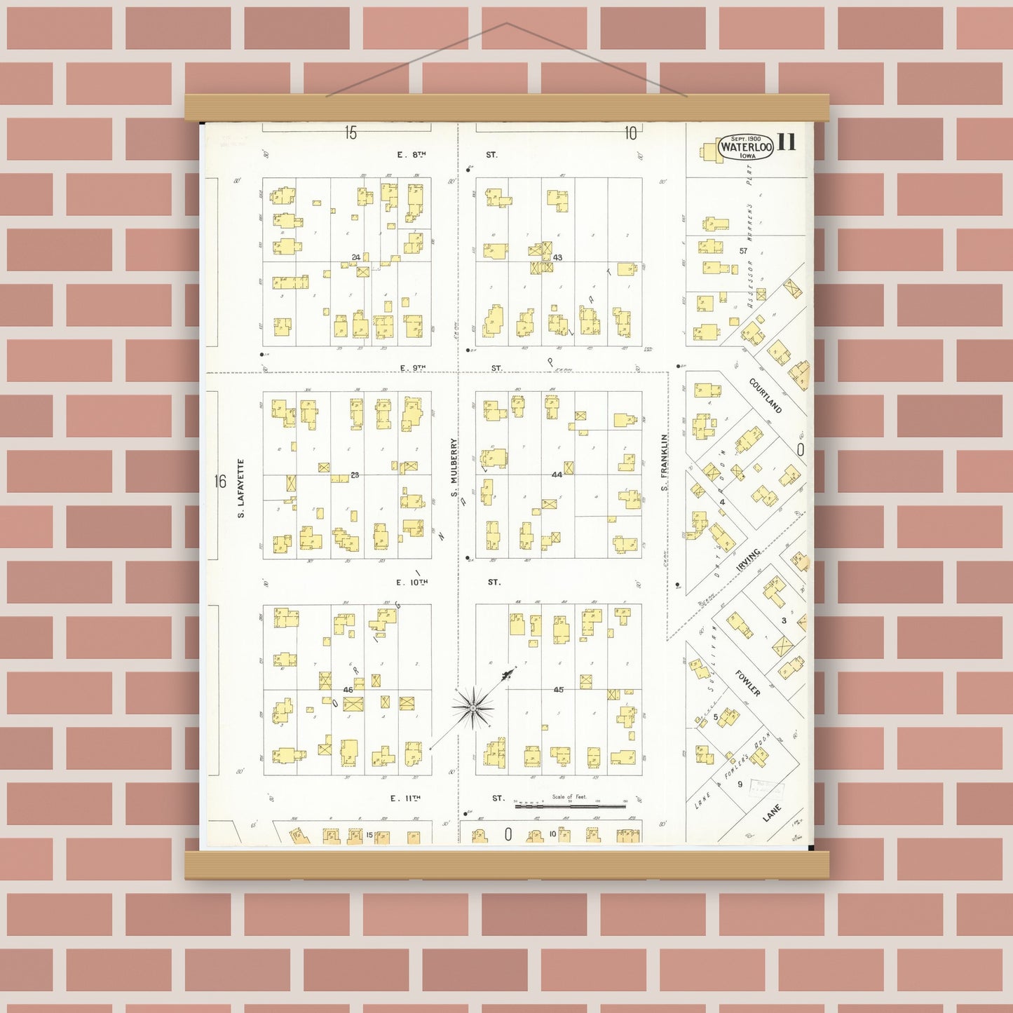 Old map wall art mockup — magnetic wood frame on brick wall — Sanborn Fire Insurance Map from Waterloo, Black Hawk County, Iowa (1900), Sheet #0011