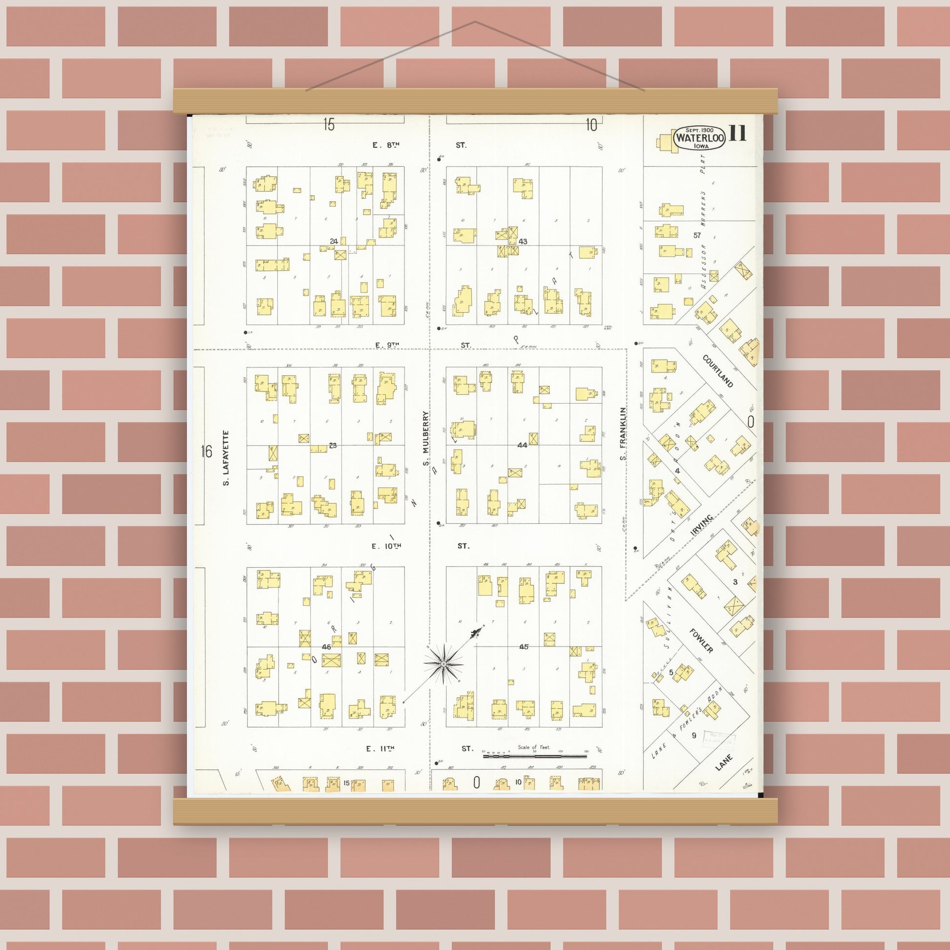 Old map wall art mockup — magnetic wood frame on brick wall — Sanborn Fire Insurance Map from Waterloo, Black Hawk County, Iowa (1900), Sheet #0011