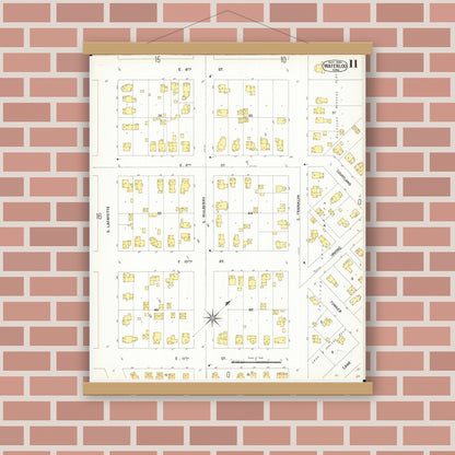 Old map wall art mockup — magnetic wood frame on brick wall — Sanborn Fire Insurance Map from Waterloo, Black Hawk County, Iowa (1900), Sheet #0011