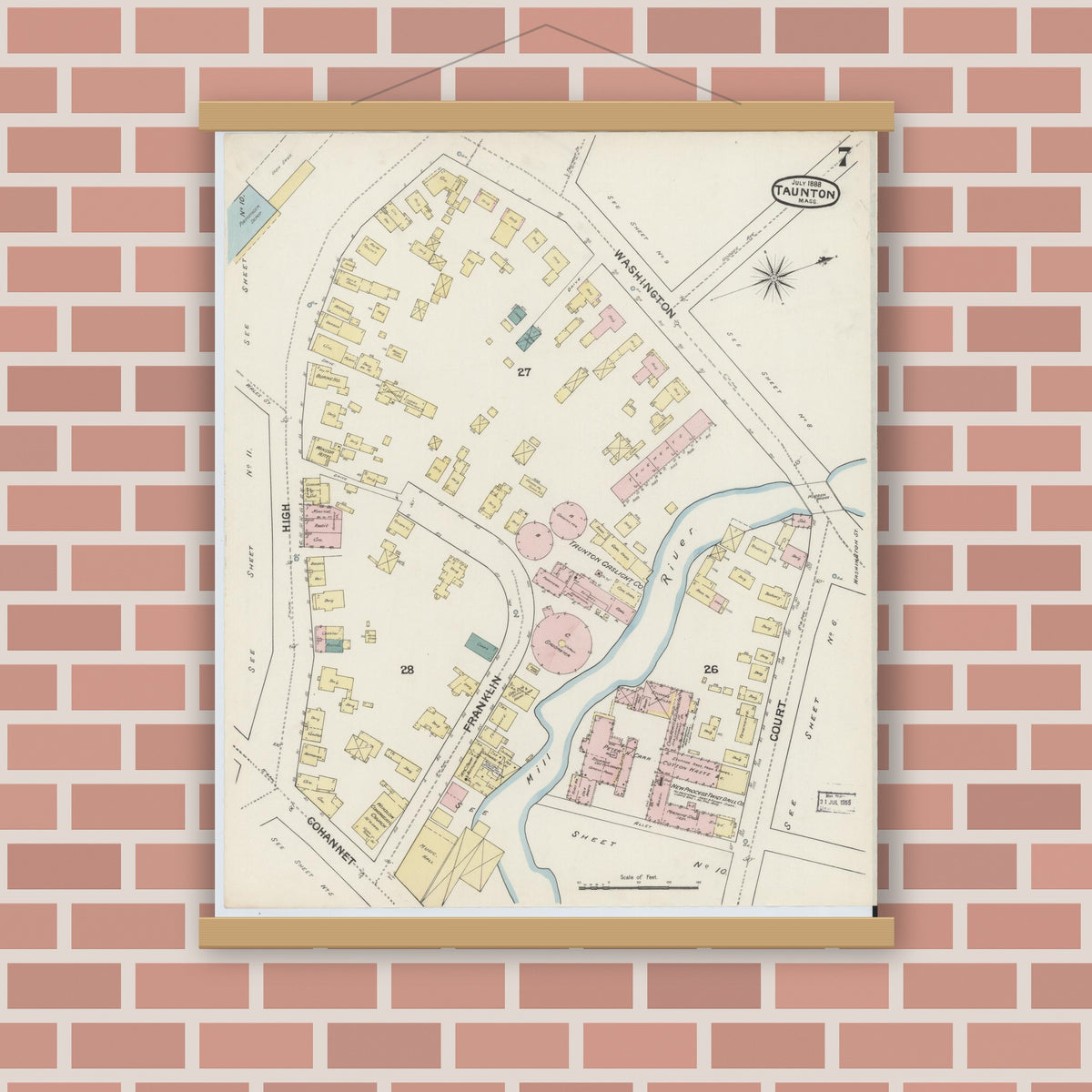 Old map wall art mockup — magnetic wood frame on brick wall — Sanborn Fire Insurance Map from Taunton, Bristol County, Massachusetts (1888), Sheet #0007