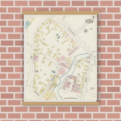 Old map wall art mockup — magnetic wood frame on brick wall — Sanborn Fire Insurance Map from Taunton, Bristol County, Massachusetts (1888), Sheet #0007