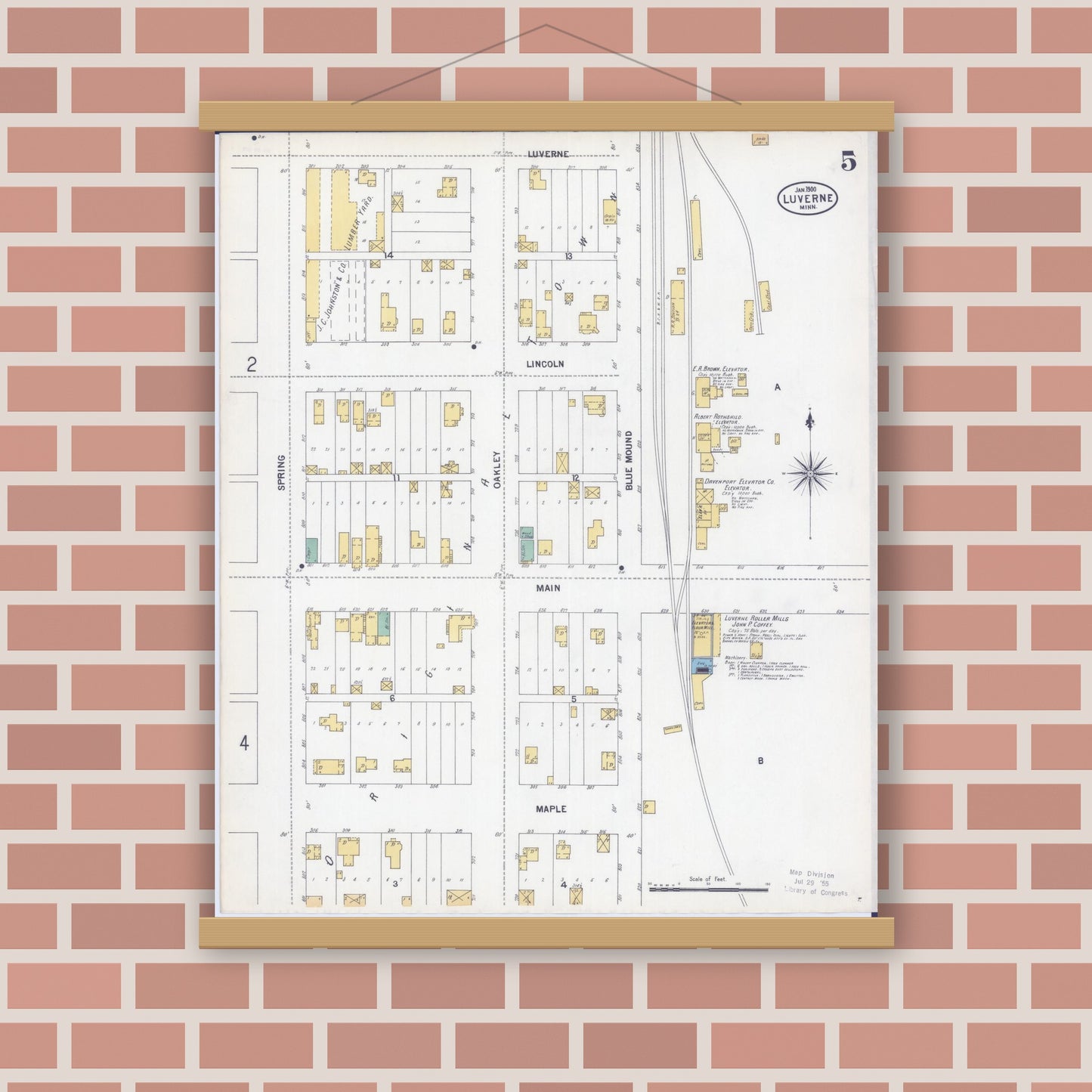 Old map wall art mockup — magnetic wood frame on brick wall — Sanborn Fire Insurance Map from Luverne, Rock County, Minnesota (1900), Sheet #0005