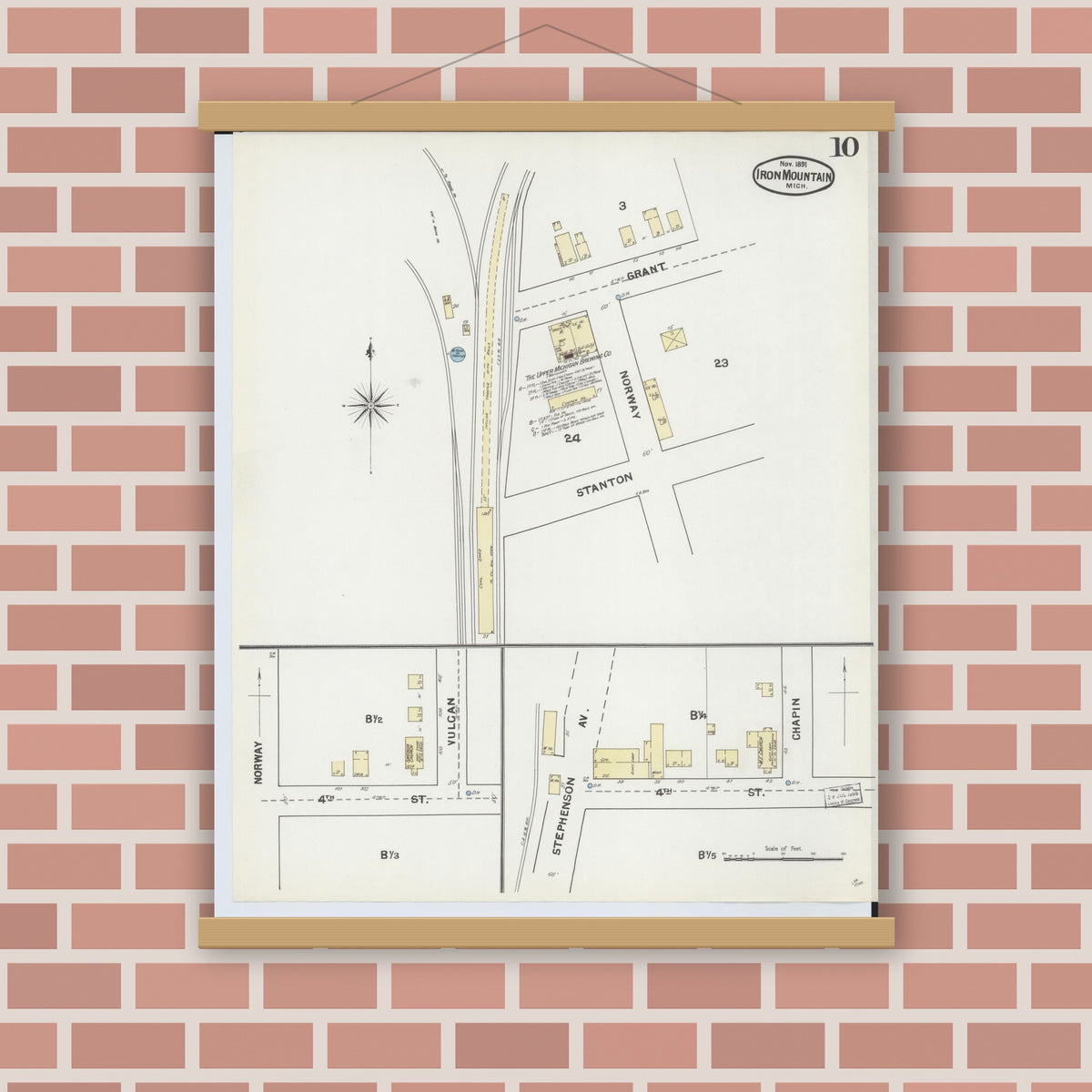 Old map wall art mockup — magnetic wood frame on brick wall — Sanborn Fire Insurance Map from Iron Mountain, Dickinson County, Michigan (1891), Sheet #0010