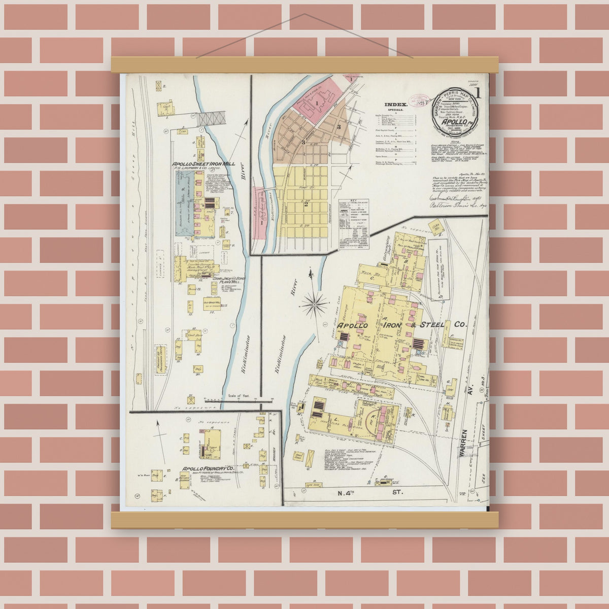 Old map wall art mockup — magnetic wood frame on brick wall — Sanborn Fire Insurance Map from Apollo, Armstrong County, Pennsylvania (1889) - Complete Map Set