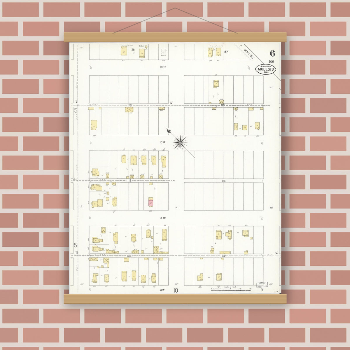 Old map wall art mockup — magnetic wood frame on brick wall — Sanborn Fire Insurance Map from Modesto, Stanislaus County, California (1907), Sheet #0006
