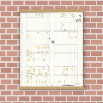 Old map wall art mockup — magnetic wood frame on brick wall — Sanborn Fire Insurance Map from Modesto, Stanislaus County, California (1907), Sheet #0006