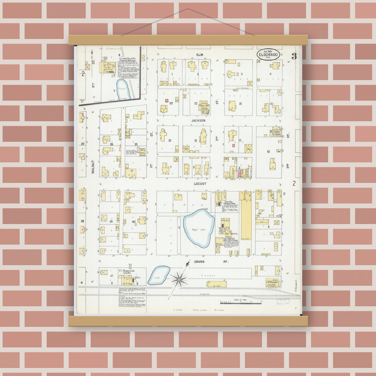 Old map wall art mockup — magnetic wood frame on brick wall — Sanborn Fire Insurance Map from Eldorado, Saline County, Illinois (1900), Sheet #0003