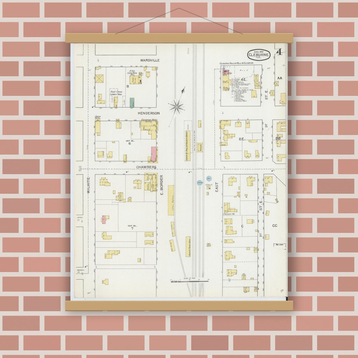 Old map wall art mockup — magnetic wood frame on brick wall — Sanborn Fire Insurance Map from Cleburne, Johnson County, Texas (1893), Sheet #0004