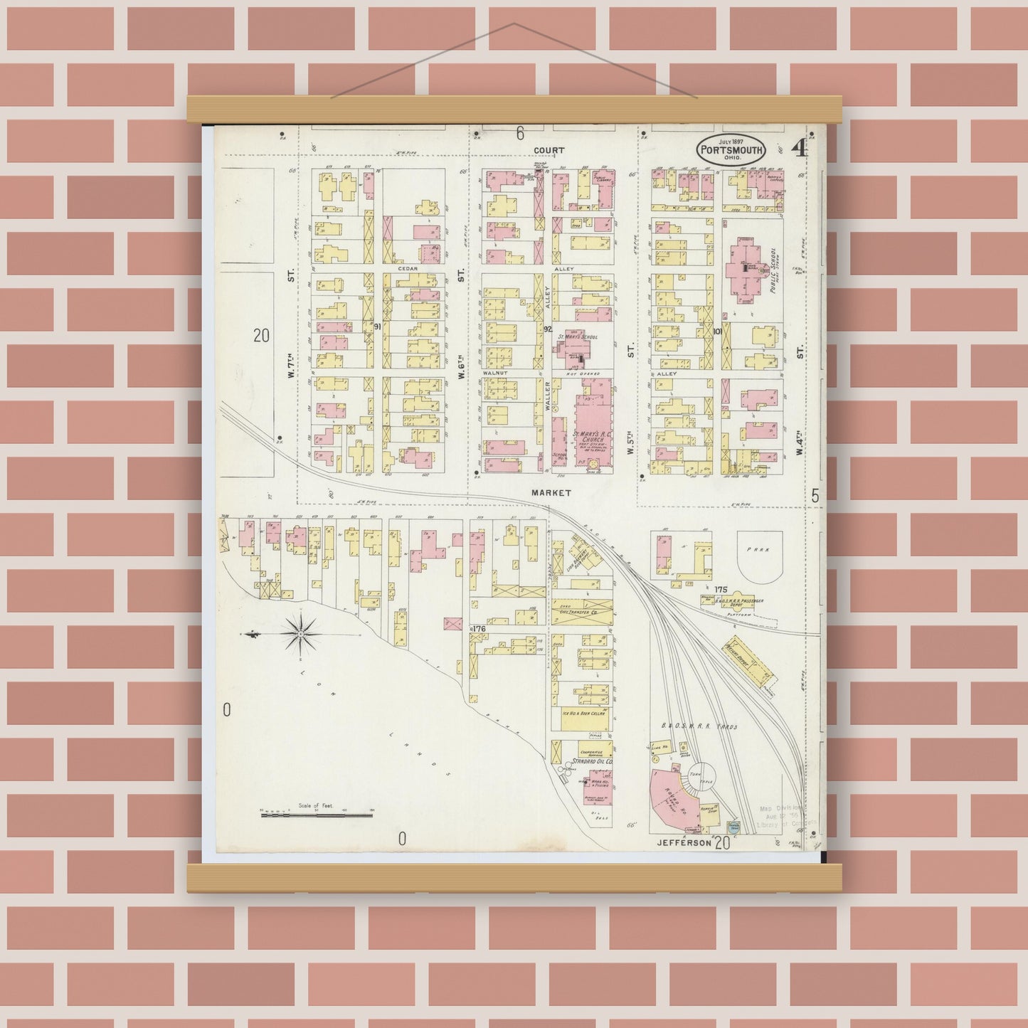 Old map wall art mockup — magnetic wood frame on brick wall — Sanborn Fire Insurance Map from Portsmouth, Scioto County, Ohio (1897), Sheet #0004