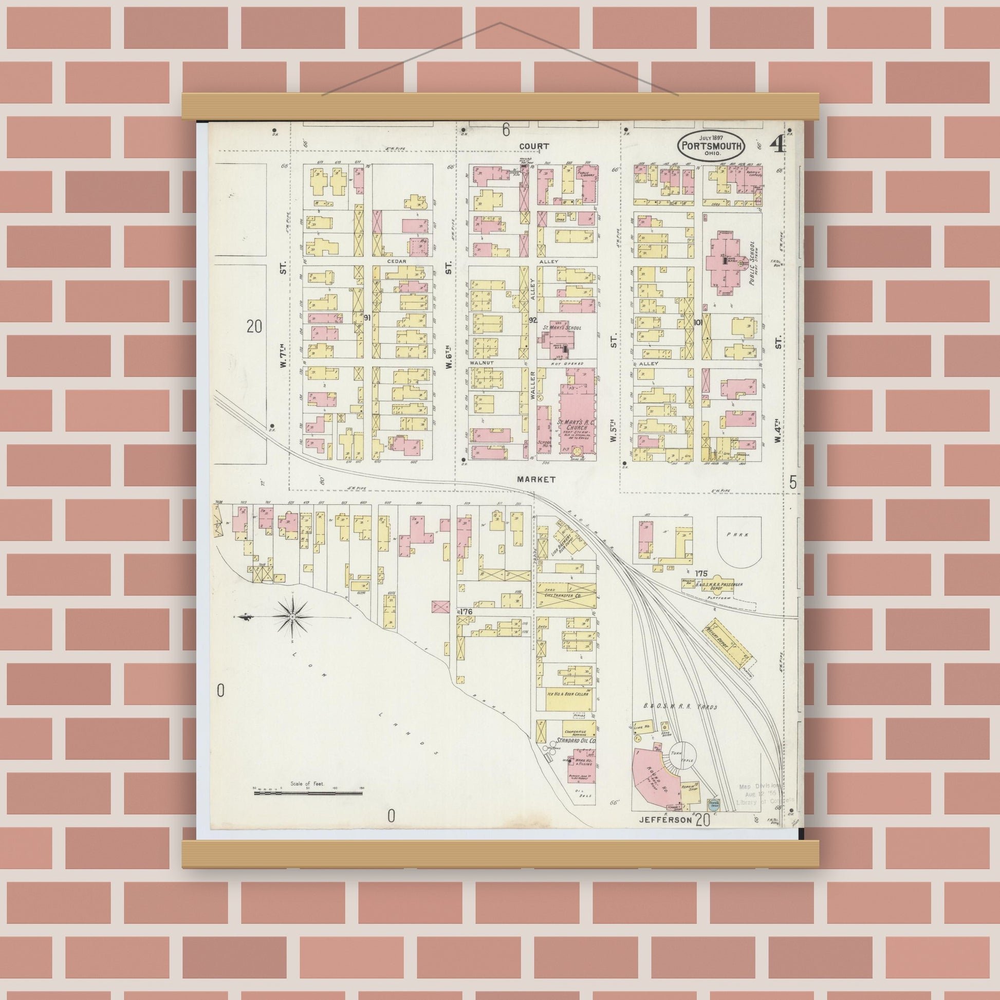 Old map wall art mockup — magnetic wood frame on brick wall — Sanborn Fire Insurance Map from Portsmouth, Scioto County, Ohio (1897), Sheet #0004