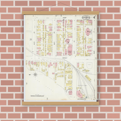 Old map wall art mockup — magnetic wood frame on brick wall — Sanborn Fire Insurance Map from Portsmouth, Scioto County, Ohio (1897), Sheet #0004