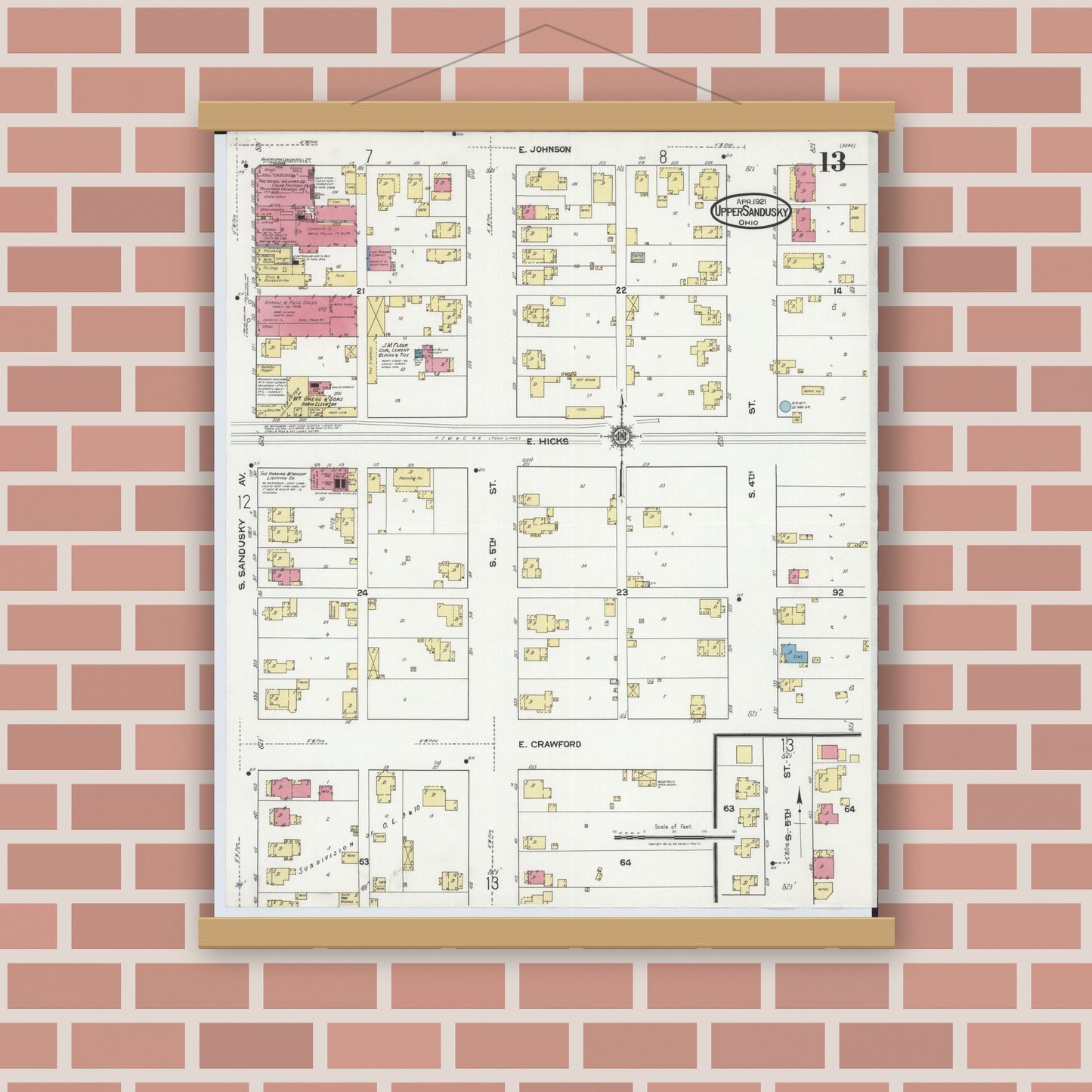 Old map wall art mockup — magnetic wood frame on brick wall — Sanborn Fire Insurance Map from Upper Sandusky, Wyandot County, Ohio (1921), Sheet #0013