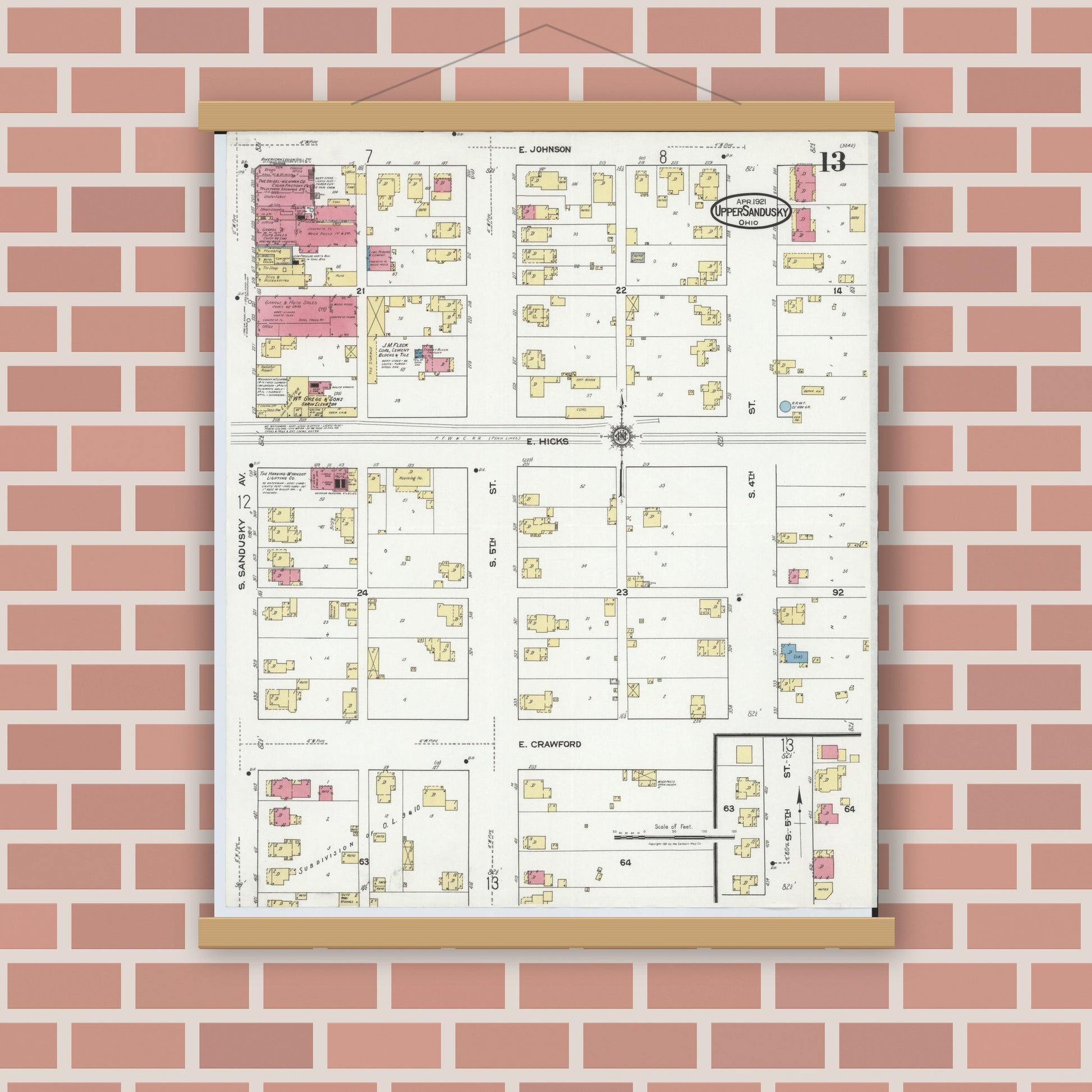 Old map wall art mockup — magnetic wood frame on brick wall — Sanborn Fire Insurance Map from Upper Sandusky, Wyandot County, Ohio (1921), Sheet #0013
