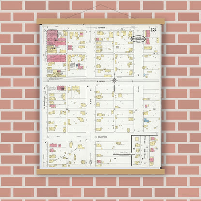 Old map wall art mockup — magnetic wood frame on brick wall — Sanborn Fire Insurance Map from Upper Sandusky, Wyandot County, Ohio (1921), Sheet #0013