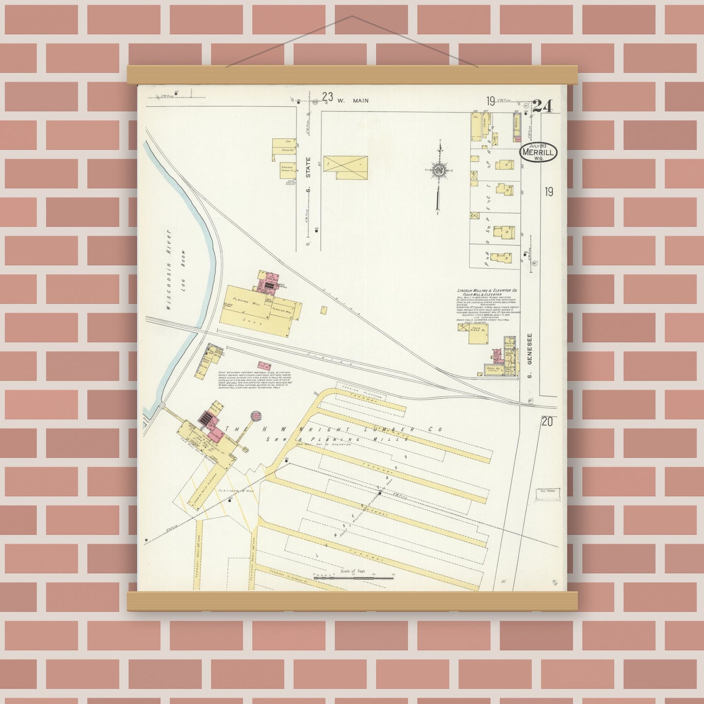 Old map wall art mockup — magnetic wood frame on brick wall — Sanborn Fire Insurance Map from Merrill, Lincoln County, Wisconsin (1913), Sheet #0024