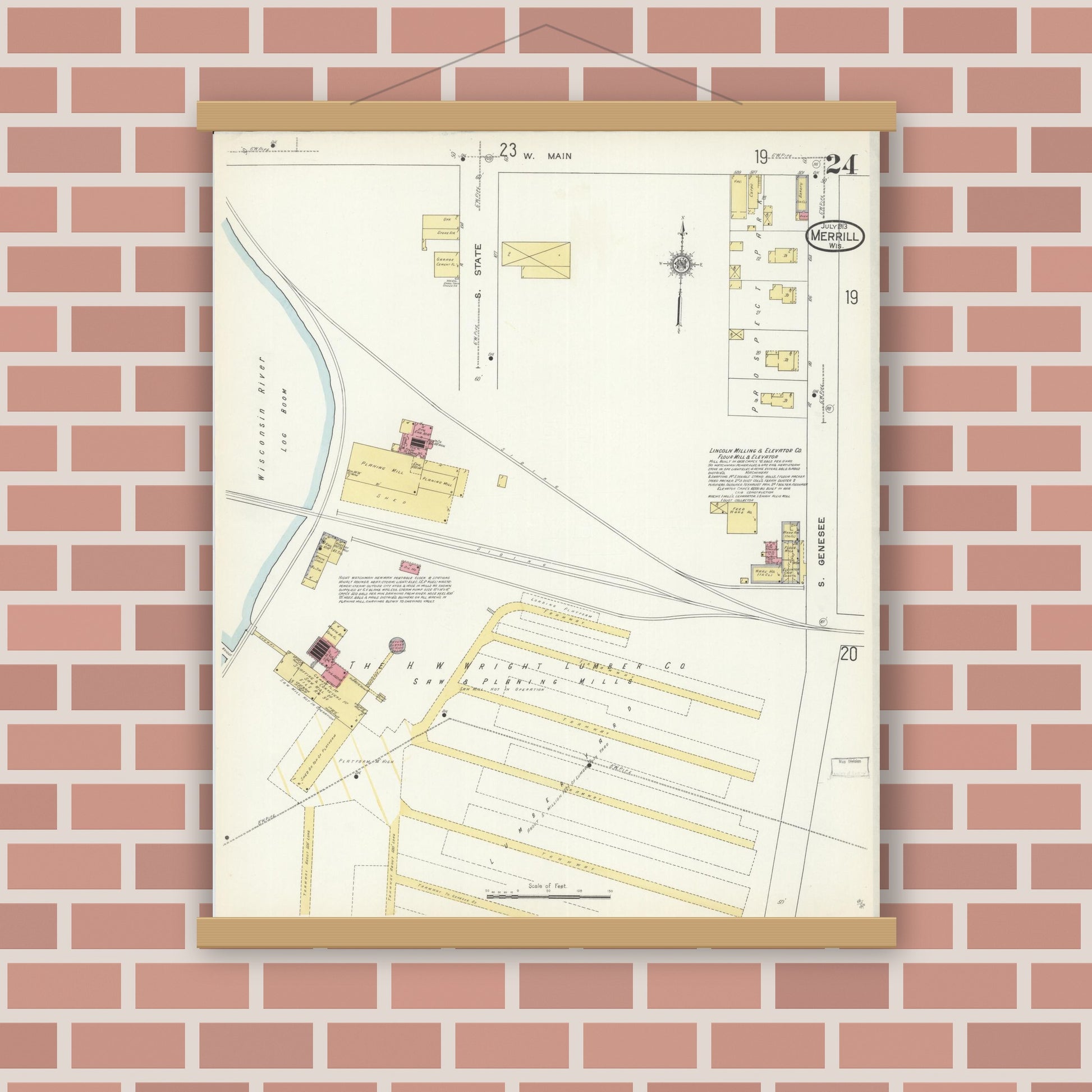 Old map wall art mockup — magnetic wood frame on brick wall — Sanborn Fire Insurance Map from Merrill, Lincoln County, Wisconsin (1913), Sheet #0024