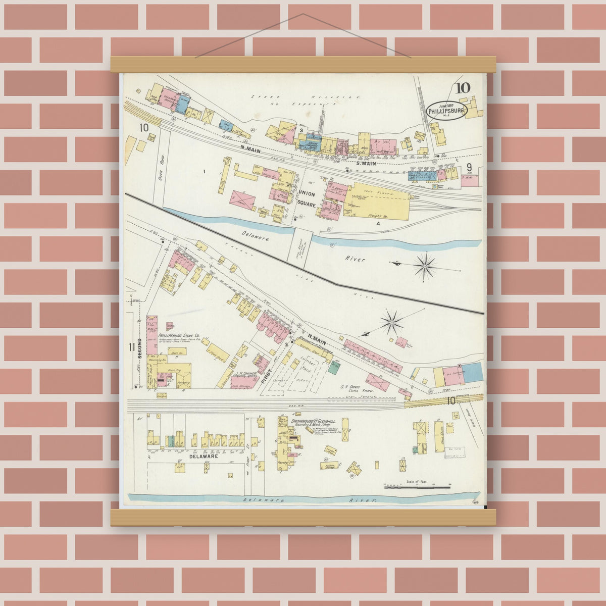 Old map wall art mockup — magnetic wood frame on brick wall — Sanborn Fire Insurance Map from Phillipsburg, Warren County, New Jersey (1897), Sheet #0010