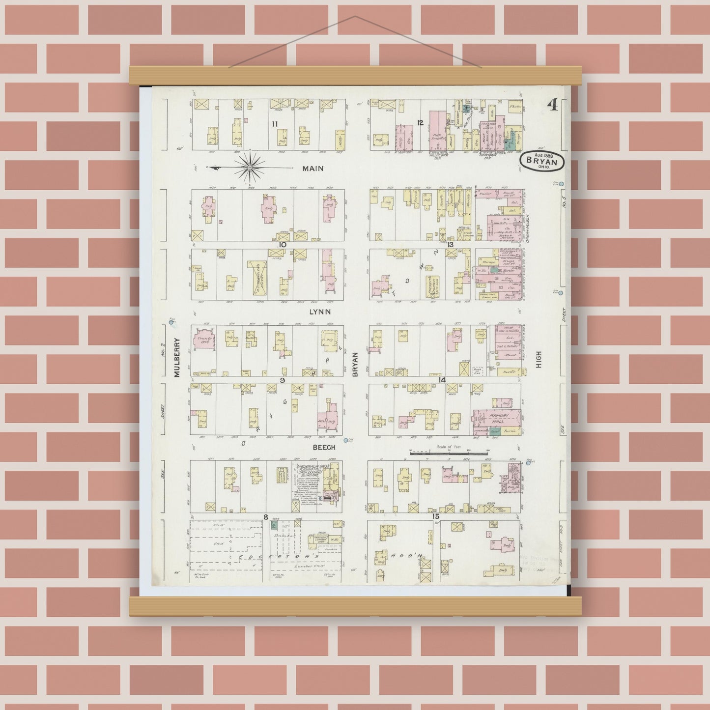 Old map wall art mockup — magnetic wood frame on brick wall — Sanborn Fire Insurance Map from Bryan, Williams County, Ohio (1888), Sheet #0004